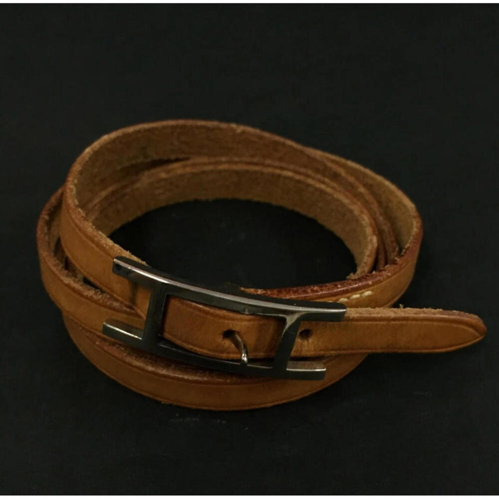 HERMES Hapi 3 Bracelet Brown Silver Leather Hardware Square H